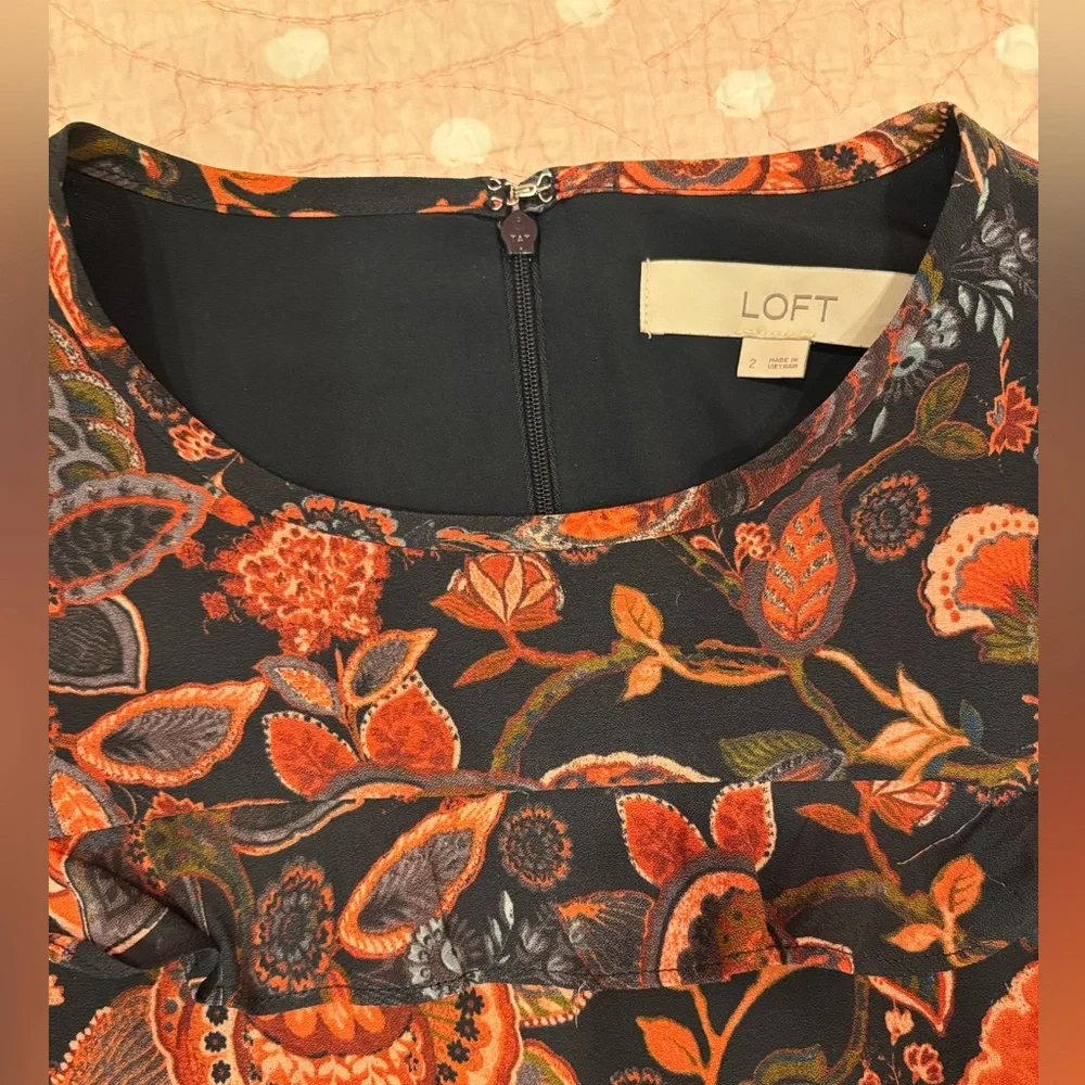 Loft Orange Floral Dress with Ruffles Size 2 - Picture 3 of 4
